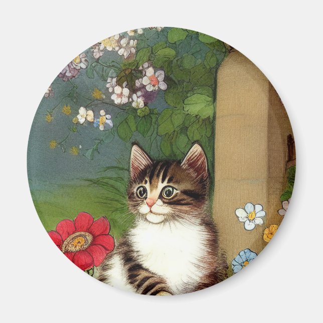 Vintage Katze-Illustration mit Frühlingsblumen Magnet (Vorne)