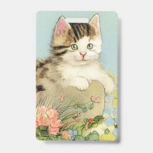 Vintage Katze-Illustration mit rosa Blume Ausweis