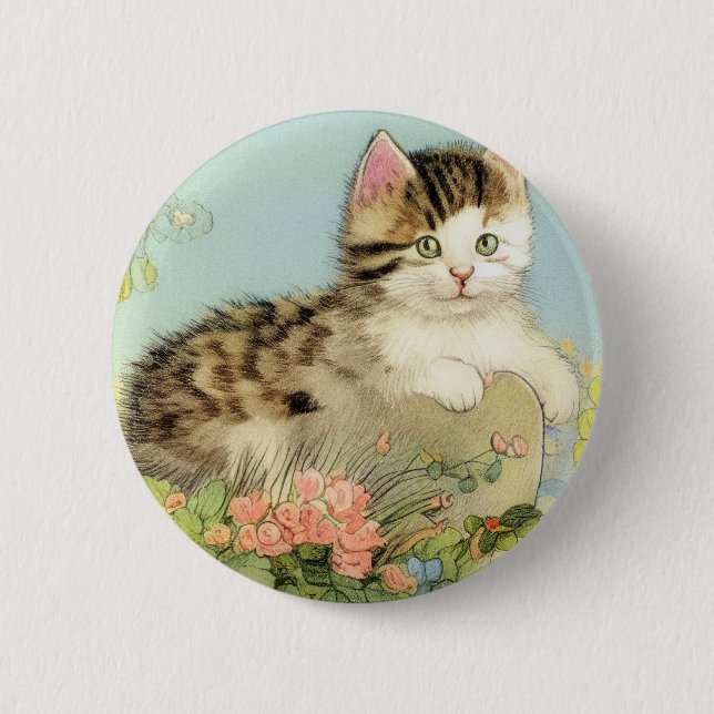 Vintage Katze-Illustration mit rosa Blume Button (Vorderseite)
