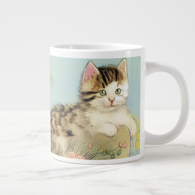 Vintage Katze-Illustration mit rosa Blume Jumbo-Tasse (Rechts)