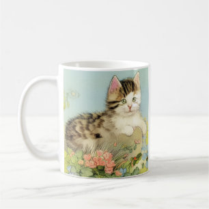 Vintage Katze-Illustration mit rosa Blume Kaffeetasse