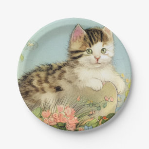 Vintage Katze-Illustration mit rosa Blume Pappteller