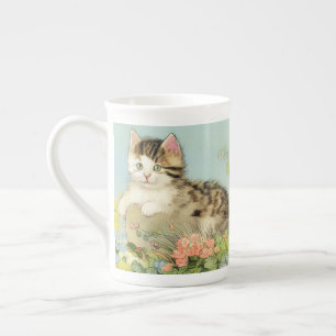 Vintage Katze-Illustration mit rosa Blume Prozellantasse