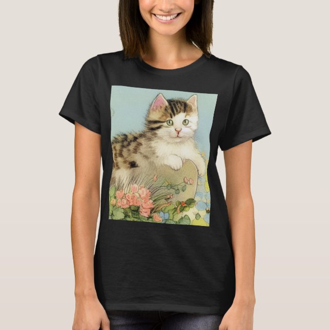Vintage Katze-Illustration mit rosa Blume T-Shirt (Vorderseite)