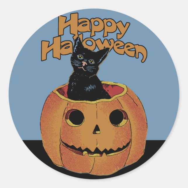 Vintage Katze in Jack'o'Lantern Runder Aufkleber (Vorderseite)