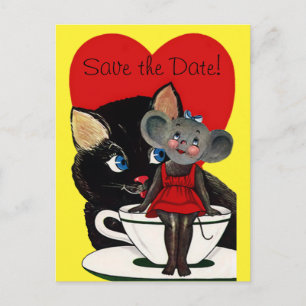 Vintage-Katze-Maus-Rotes Herz, Hochzeit Vormerken Ankündigungspostkarte