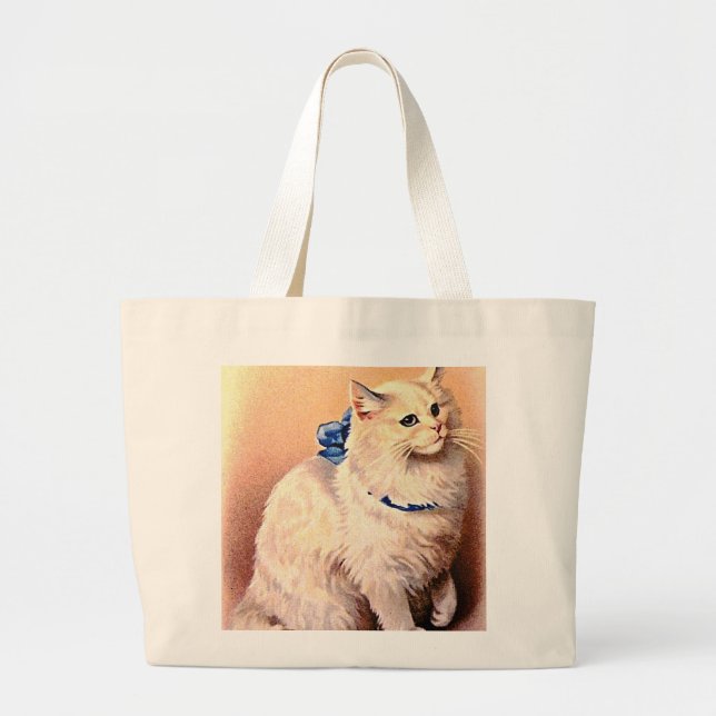 Vintage Katze mit Blue Bow Jumbo Stoffbeutel (Vorne)