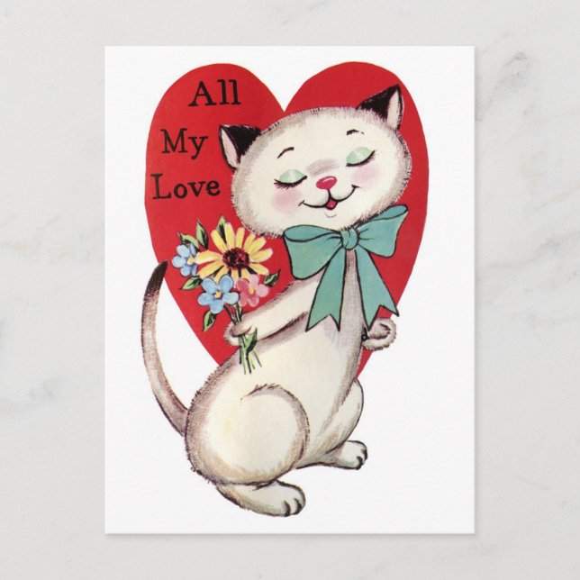 Vintage Katze mit Blume Valentine Postkarte (Vorderseite)