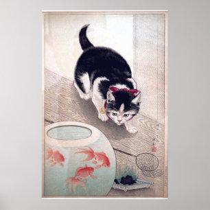 Vintage-Katze und Goldfischglas japanische Kunst Poster