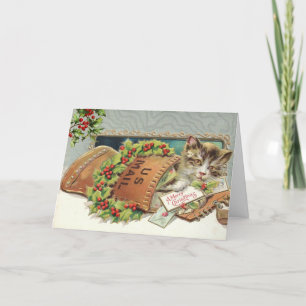 Vintage Katze und Holly Berry Feiertagskarte