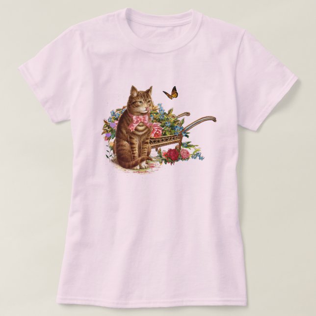 Vintage Katze und Rose rosa T-Shirt (Design vorne)