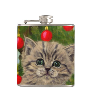 Vintage-Katze und Weihnachtsbaum Flachmann