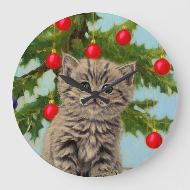 Vintage Katze und Weihnachtsbaum Große Wanduhr (Vorderseite)