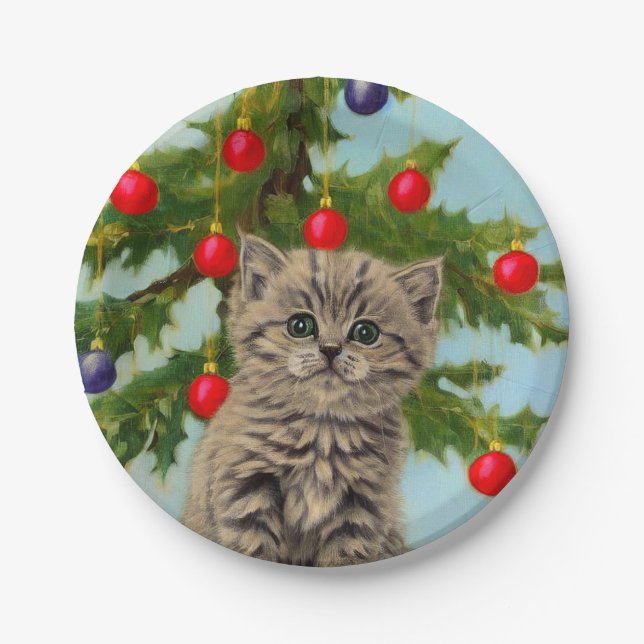 Vintage Katze und Weihnachtsbaum Pappteller (Vorderseite)