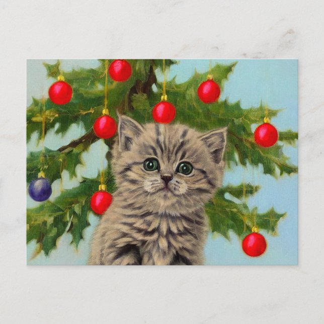 Vintage Katze und Weihnachtsbaum Postkarte (Vorderseite)