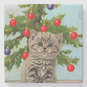 Vintage Katze und Weihnachtsbaum Steinuntersetzer