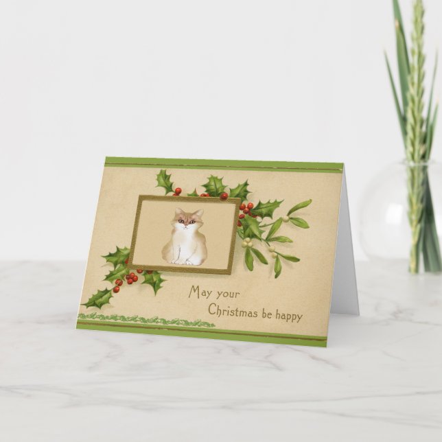 Vintage Katze und Weihnachtskarte Karte (Vorderseite)