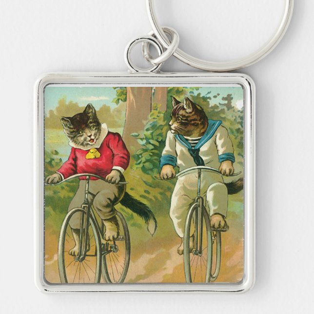Vintage Katzen auf Fahrrad Schlüsselanhänger (Vorne)