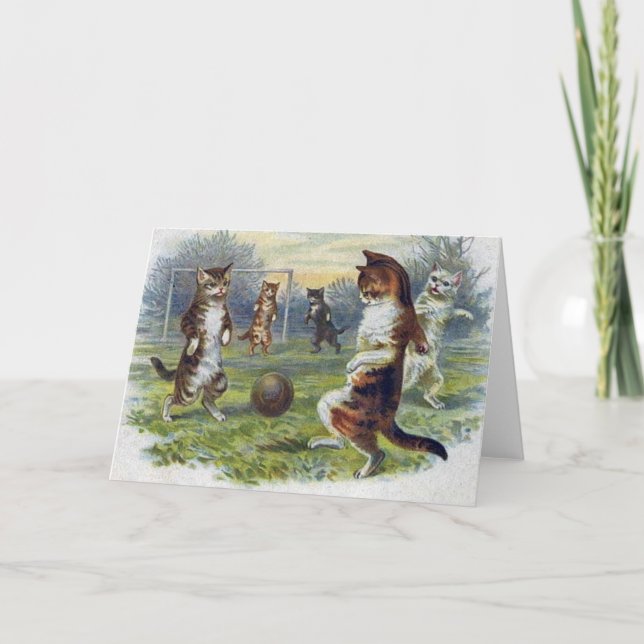 Vintage Katzen, die Fußball spielen Karte (Vorderseite)