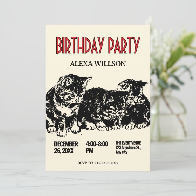 Vintage Katzen Geburtstag Einladung (Stehend Vorderseite)