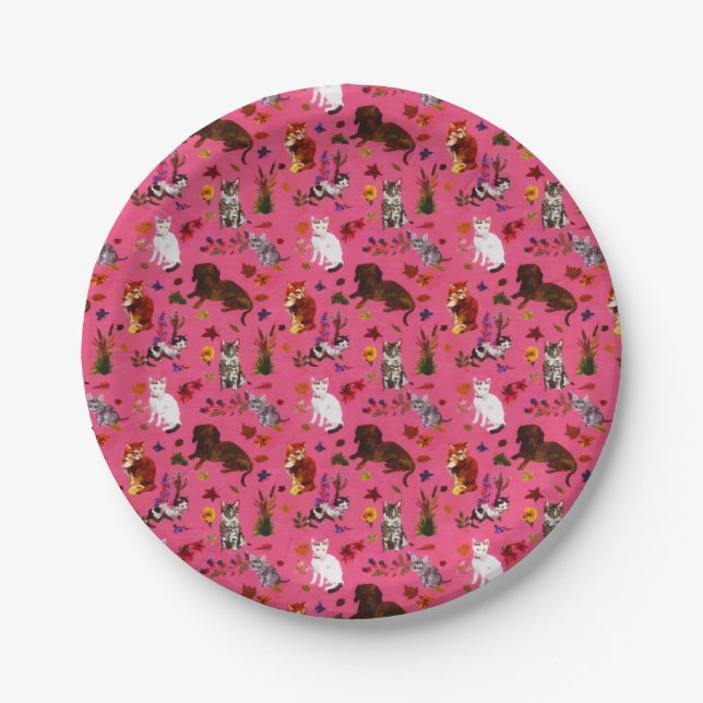 Vintage Katzen Hunde Blumengarten Party Pappteller (Vorderseite)