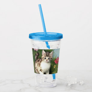 Vintage Katzen-Illustration mit roten Blume Acryltrinkbecher