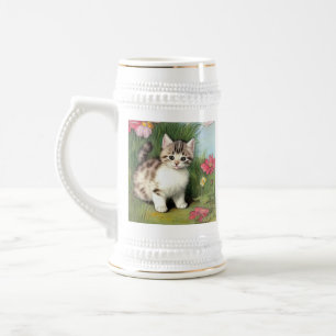 Vintage Katzen-Illustration mit roten Blume Bierglas