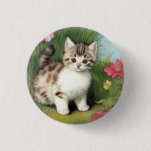 Vintage Katzen-Illustration mit roten Blume Button