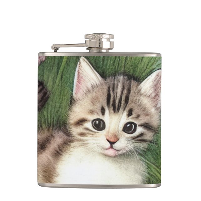 Vintage Katzen-Illustration mit roten Blume Flachmann (Vorderseite)
