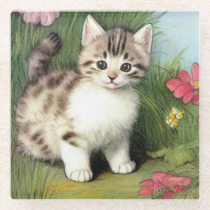 Vintage Katzen-Illustration mit roten Blume Glasuntersetzer