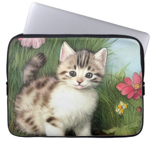 Vintage Katzen-Illustration mit roten Blume Laptopschutzhülle