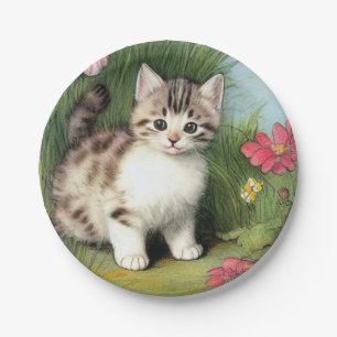 Vintage Katzen-Illustration mit roten Blume Pappteller