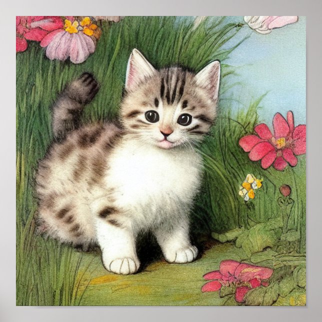 Vintage Katzen-Illustration mit roten Blume Poster (Vorne)