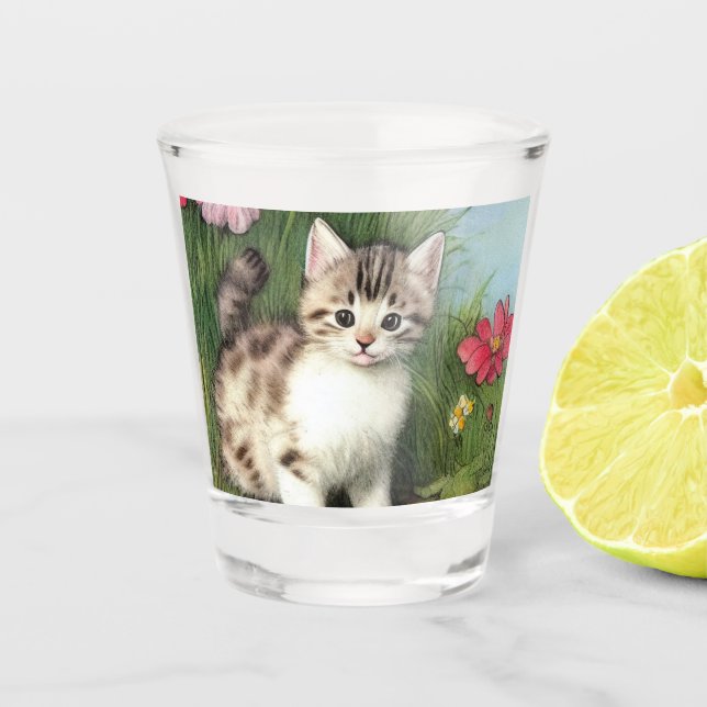 Vintage Katzen-Illustration mit roten Blume Schnapsglas (Vorderseite)