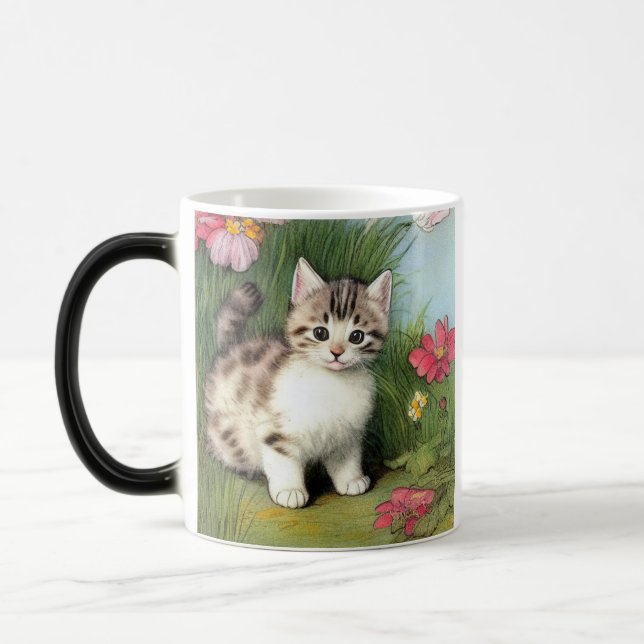 Vintage Katzen-Illustration mit roten Blume Verwandlungstasse (Links)