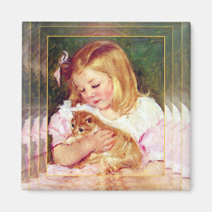 Vintage Katzen-Kunst:  "Mädchen, das hält eine Magnet