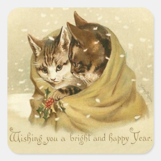 Vintage Katzen Neujahrsklammern Quadratischer Aufkleber (Vorderseite)
