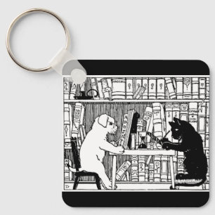Vintage Katzen- und Hunde-Bibliothek Buchliebhaber Schlüsselanhänger