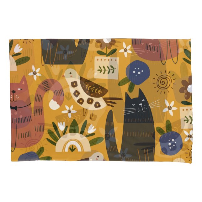 Vintage Katzen und Vögel, handgezeichnet. Kissenbezug (Vorderseite)