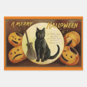 Vintage Katzenkatze zu Halloween und Kürbiskröten Geschenkpapier Set
