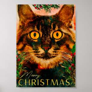 Vintage-Kieferzweig und Katzenblatt Frohe Weihnach Poster