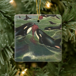 Vintage Killerwale oder Orcas, Meeressäugetiere Keramikornament