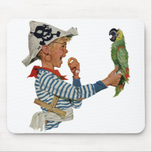 Vintage Kind, Junge spielt Piratenpapagei Mousepad