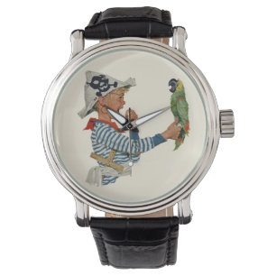 Vintage Kind, Junge spielt Piratenpapagei Vogel Armbanduhr