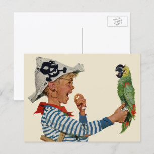 Vintage Kind, Junge spielt Piratenpapagei Vogel Postkarte
