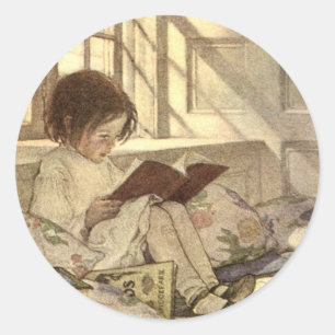 Vintage Kind liest ein Buch, Jessie Willcox Smith Runder Aufkleber