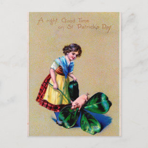 Vintage Kind mit Schwein am St. Patrick's Day Postkarte