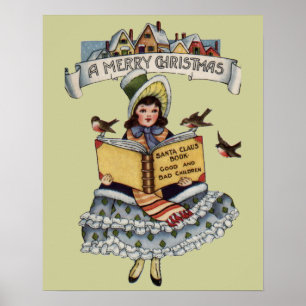 Vintage Kind mit Weihnachtsmann Buch Poster