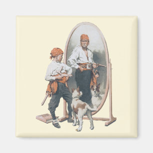 Vintage Kind, Piratenjunge, Hund, Spiegel, Bukanie Magnet