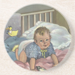 Vintage Kind, süßes Baby spielt im Kinderbett, Sch Getränkeuntersetzer